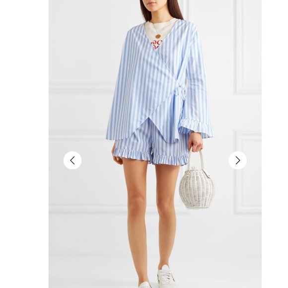 Ganni Tops - Ganni stripe cotton wrap long sleeve blue white